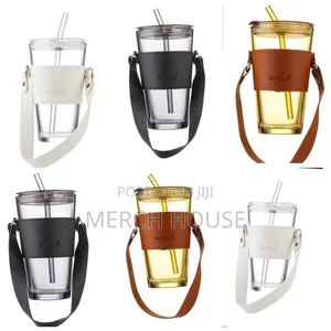 Glass Tumbler with Straw and Leather Strap