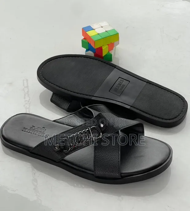 Pam's Quality Leather Slippers - Black, Size 44 - 1