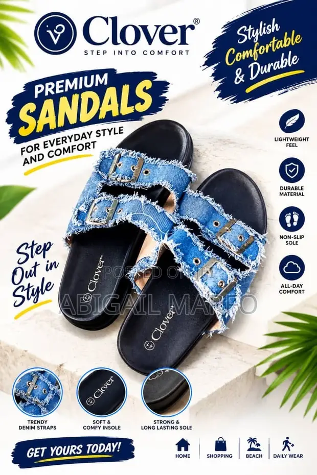 Clover Premium Distressed Denim Double-Buckle Slide Sandals - 1