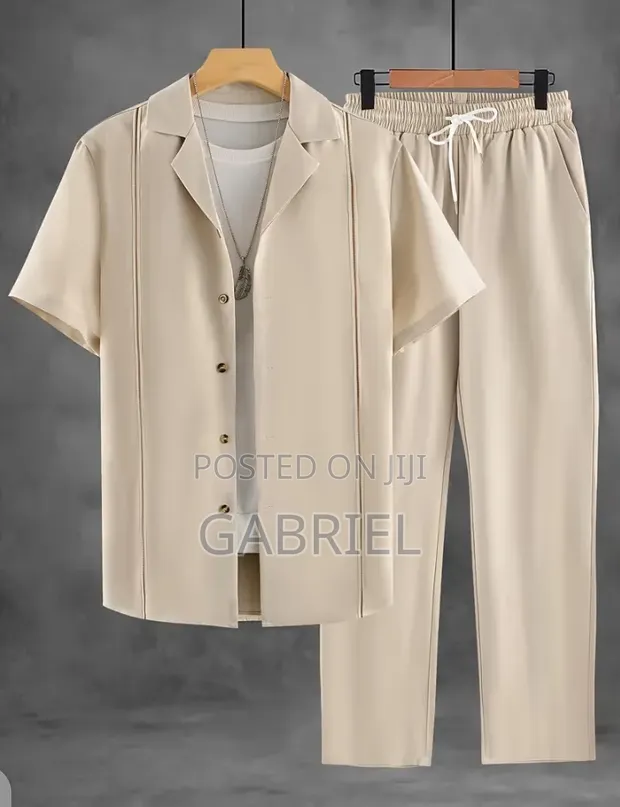 Men's 2-Piece Casual Set: Cuban Collar Shirt & Drawstring Pants - 1