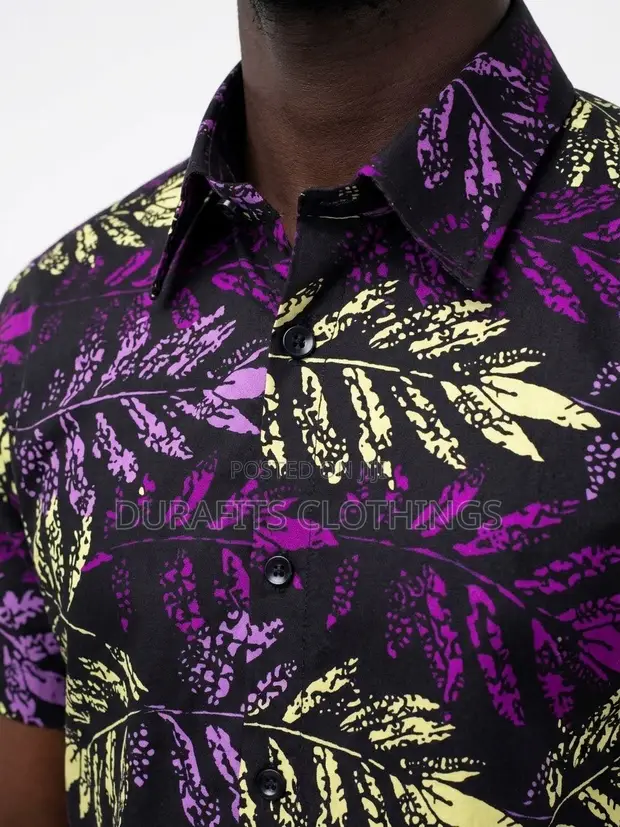 Men's Black & Purple Leaf African Print Shirt - 1