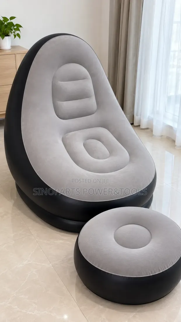 Inflatable Sofa Chair with Footstool & Pump - Grey/Black - 1