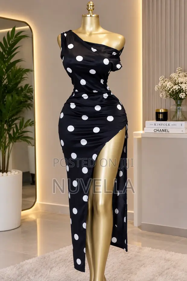 Black Polka Dot One-Shoulder Maxi Dress - 1