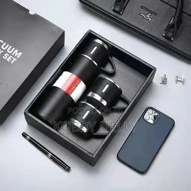 Premium 3-Piece Vacuum Flask & Cup Gift Set - Black - 1