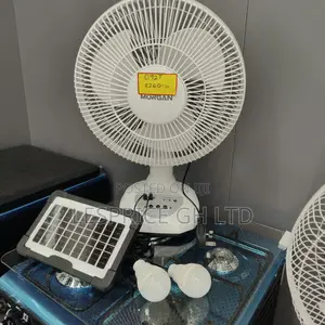Rechargeable Fan with Solar Panel, USB, LED Light & 2 Bulbs