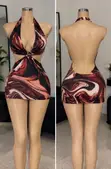 Marble Swirl Backless Halter Mini Dress - 2