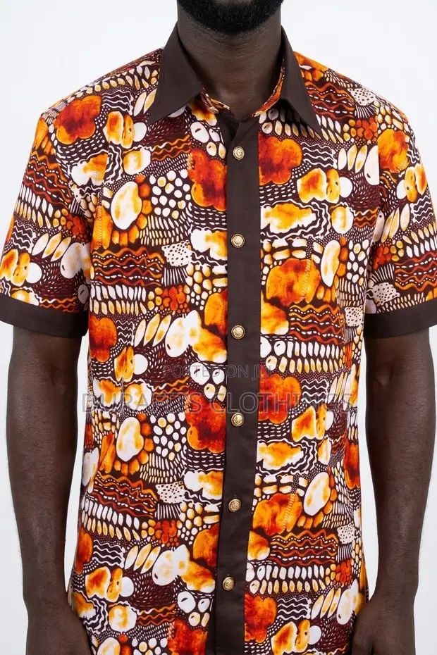 Men's Ochre & Brown Mosaic African Print Shirt - 1