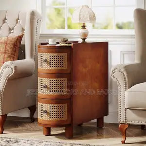 Solid Wood Side Table with 3 Rattan Drawers