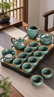 Chinese Ceramic Tea Set with Teapot, Cups, Gaiwan & Tray - 1