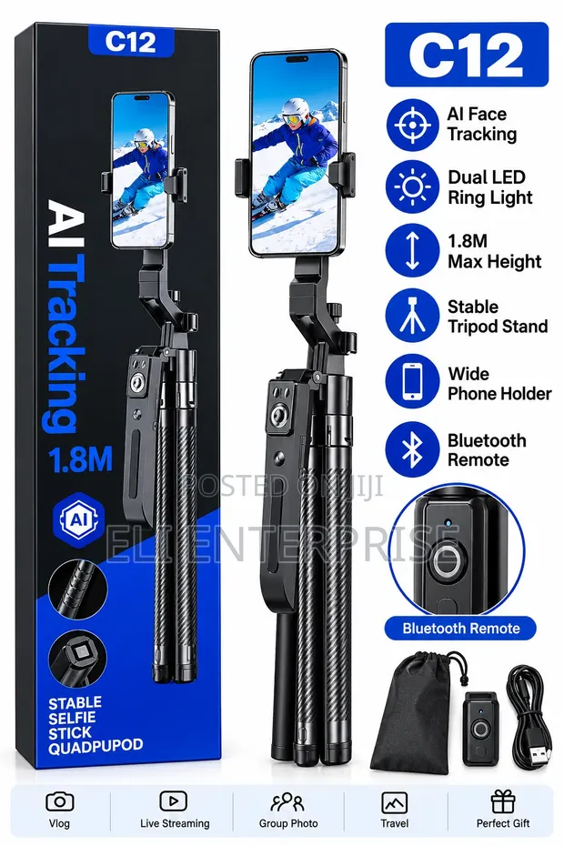 C12 AI Tracking Selfie Stick Tripod (1.8M) - 1
