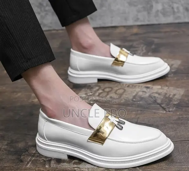 Men's Shiny White Loafers - 1