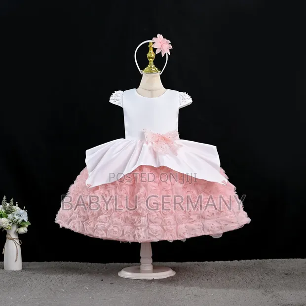 Premium Pink and White Girl's Ballgown Dress with Headband - 1