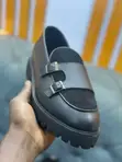 Black Leather Double Monk Strap Loafer Shoe - 1