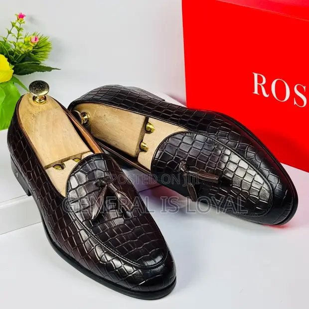 Rossi Dark Brown Croc-Embossed Leather Tassel Loafers - 1
