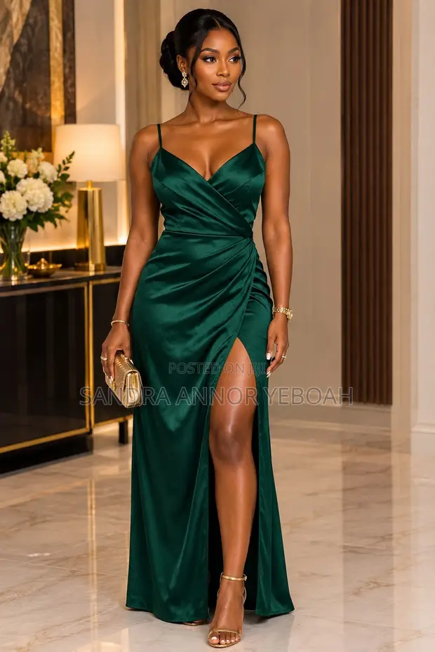 Emerald Green Spaghetti Straps Satin Dress - 1