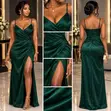 Emerald Green Spaghetti Straps Satin Dress - 3