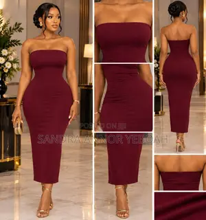Burgundy Strapless Bodycon Midi Dress