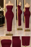 Burgundy Strapless Bodycon Midi Dress - 2