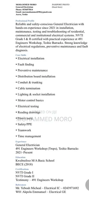 Construction & Skilled Trade CV - Electrical Technician