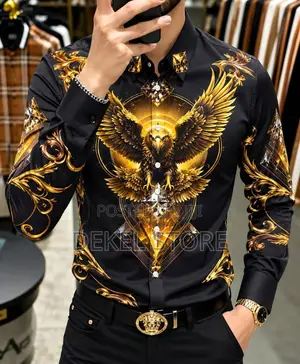Luxury Men's Designer Shirt - Black, Gold & White Baroque Print