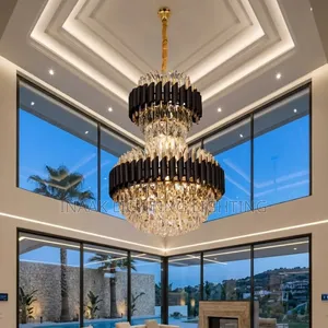 Extra Large Luxury 3-Tier Crystal Chandelier - Black & Gold