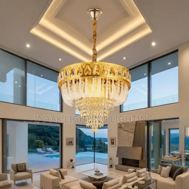 Extra Large Gold Crown Crystal Chandelier for Duplex Living Room - 1