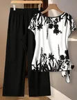 Women's 2pcs Floral Print Top and Casual Pants Set - 1