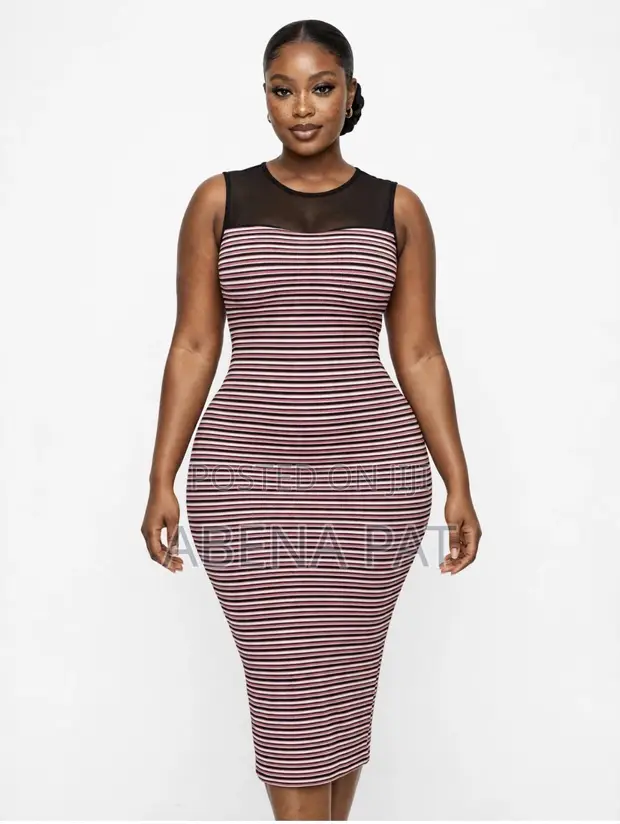 Pink & Black Striped Bodycon Dress - Sleeveless Mesh Detail - 1
