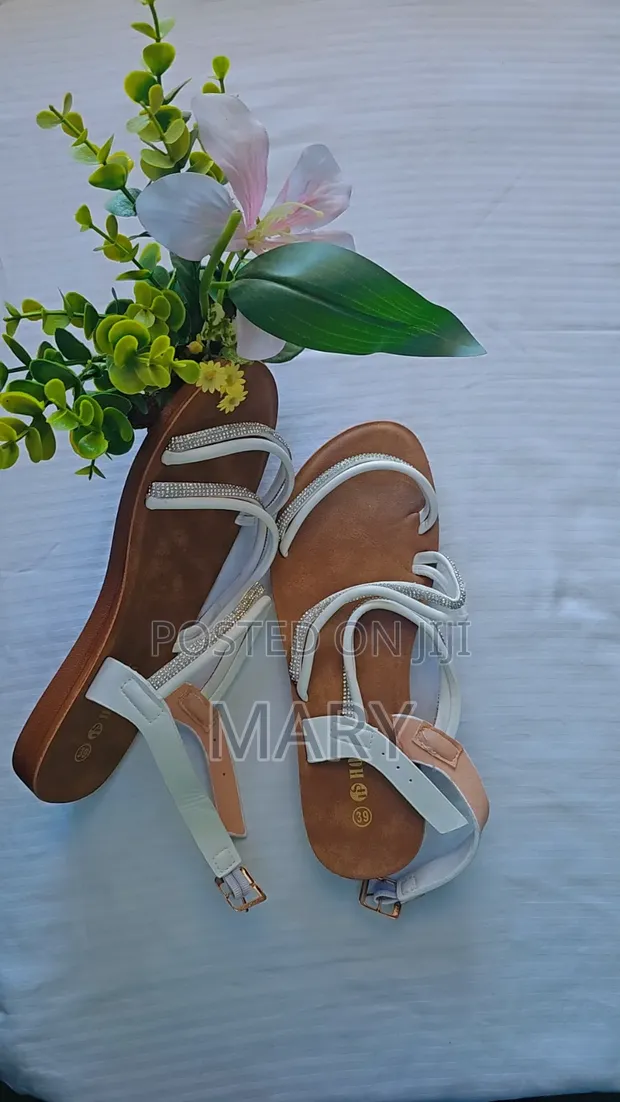 Women's Flat Strappy Sandals - White & Rhinestone - 1