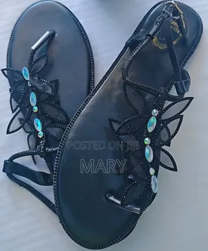 Black Butterfly Crystal Rhinestone Flat Thong Sandals (Size 42)