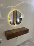 Floating Walnut Vanity with Round Backlit Mirror - 1