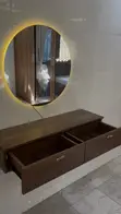 Floating Walnut Vanity with Round Backlit Mirror - 2