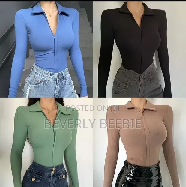 Trendy Collar Zip-Up Bodysuit - Blue - 1