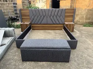 Wood-Mode Queen Size Bed with Walnut Wood & Grey Upholstery