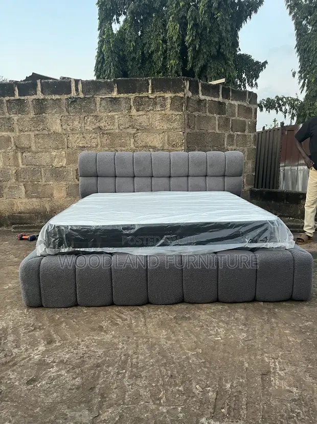 Wood-Mode Queen Bed Frame with Headboard & Nightstand - Gray Bouclé - 1