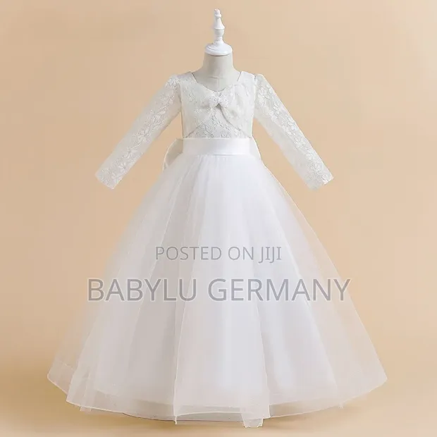 White Long-Sleeved Lace Flower Girl Dress - 1