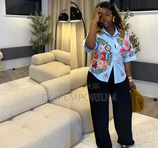 Luxury Women's 2-Piece Set: Embroidered Shirt & Wide Leg Pants - 1