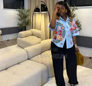 Luxury Women's 2-Piece Set: Embroidered Shirt & Wide Leg Pants