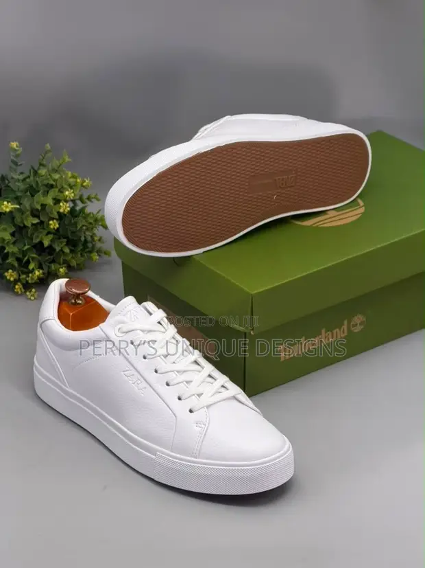 Zara Men's All-White Leather Casual Sneakers - Size 43 - 1