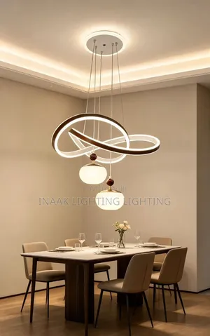 Interlocking Rings Chandelier with 2 Milky Globe Pendants