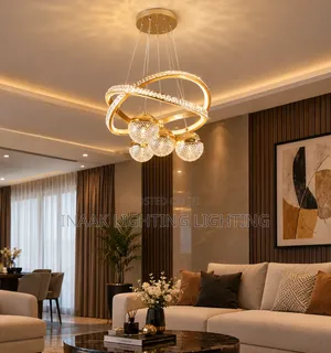 Gold Crystal Ring Chandelier with 5 Crystal Ball Pendants