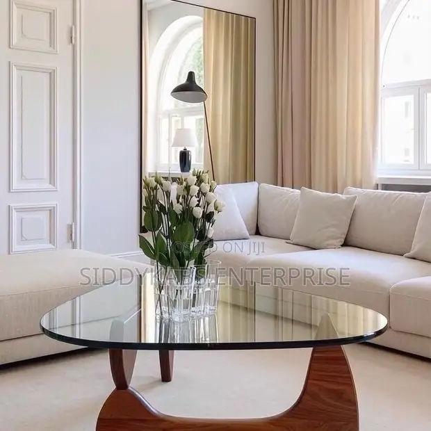 Triangular Glass Center Table with Wooden Base - 1