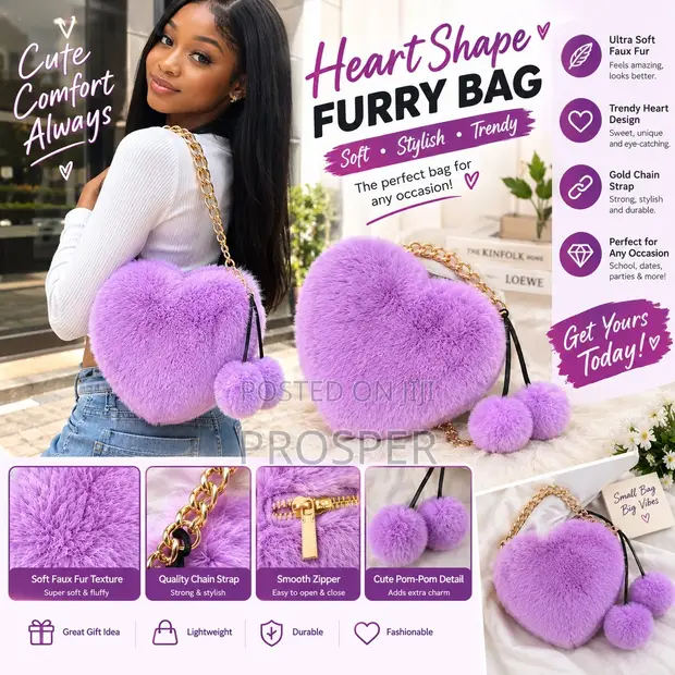 Luxury Faux Fur Heart Shape Bag - 1