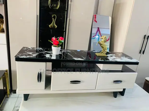 Wood-Mode Black TV Stand with Marble-Effect Top - 1