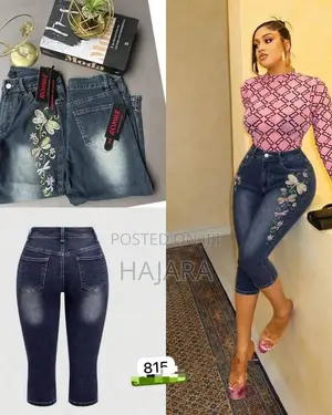 Women's Floral Dragonfly Embroidered High-Waist Denim Capri Pants