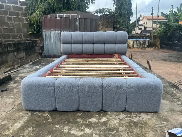 Luxury Blue Bouclé Bed Frame by Woodland - 1