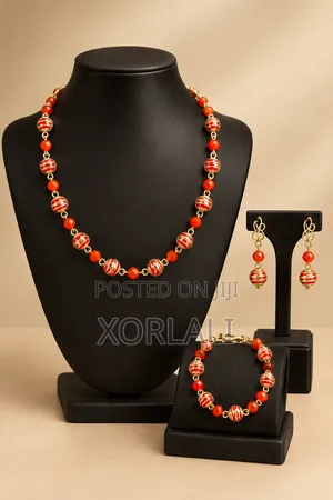 Luxury Red & Gold Jewelry Set - Necklace, Earrings & Bracelet