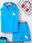 Boys NY Letter Sleeveless Hooded Sports Set - 1