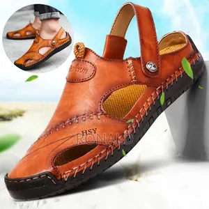Men's Black Leather Toe Sandals - Size 38
