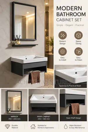 Modern Basin Cabinet with Mirror - Dark Grey/White
